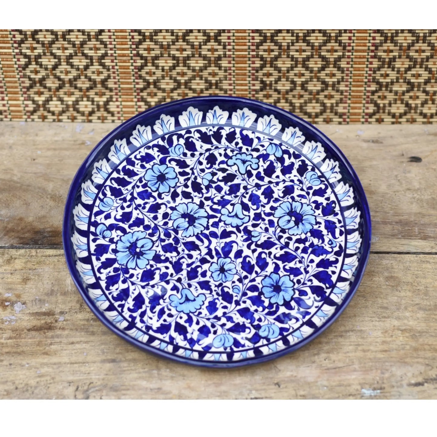 White Floral Large Round Platter/ Pizza Plate|Blue pottery Safalina
