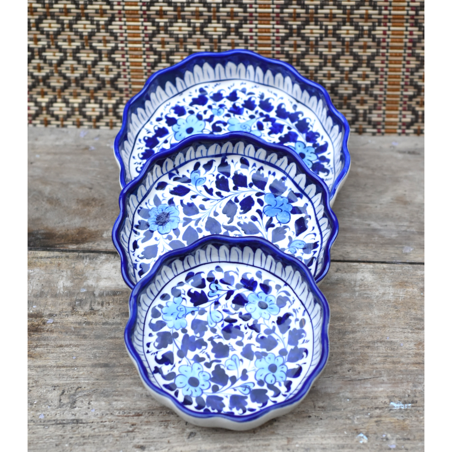Set of Three White Floral Round Serving dish|Blue pottery Safalina