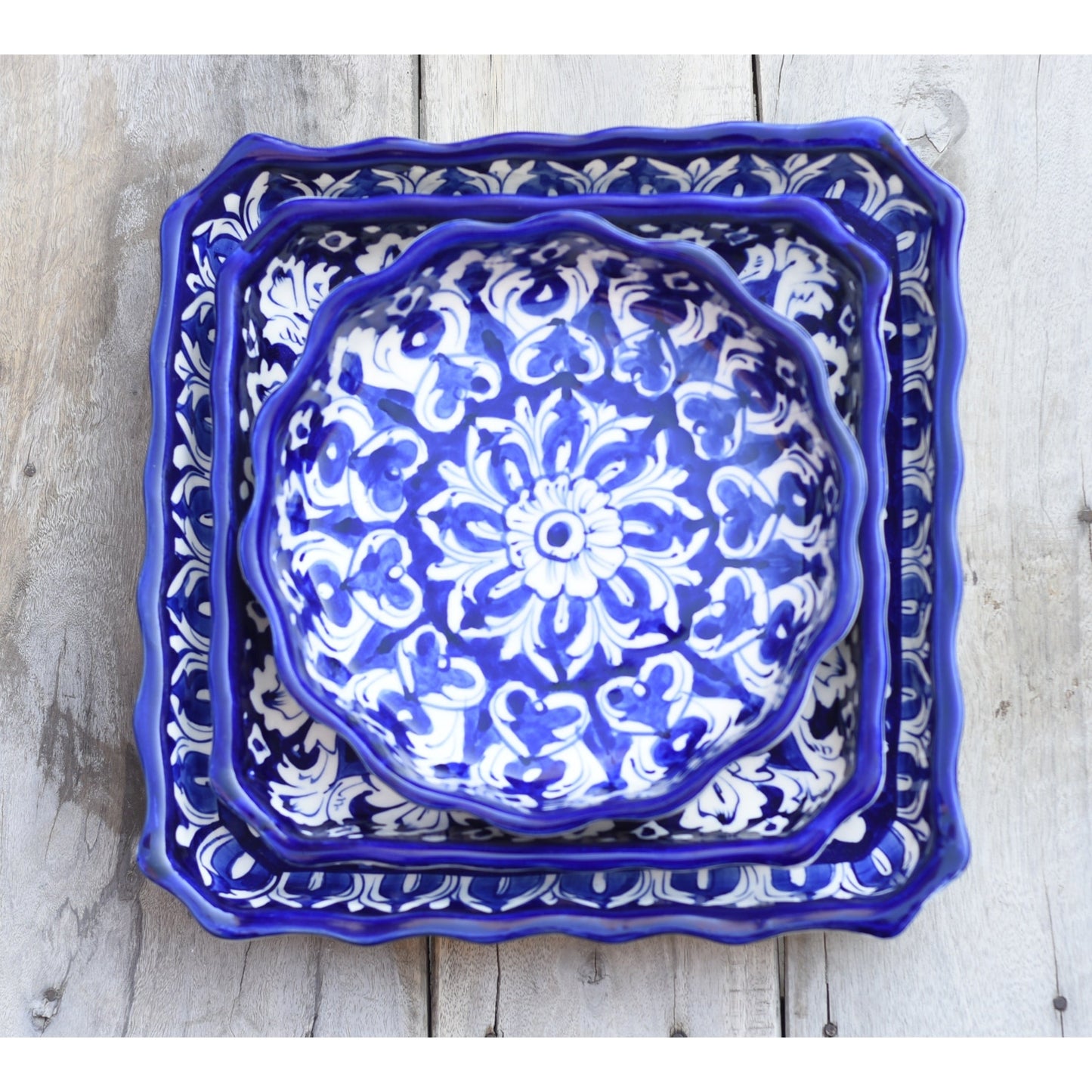 Set of Three Iconic Blue Platter/Serving dish|Blue pottery Safalina