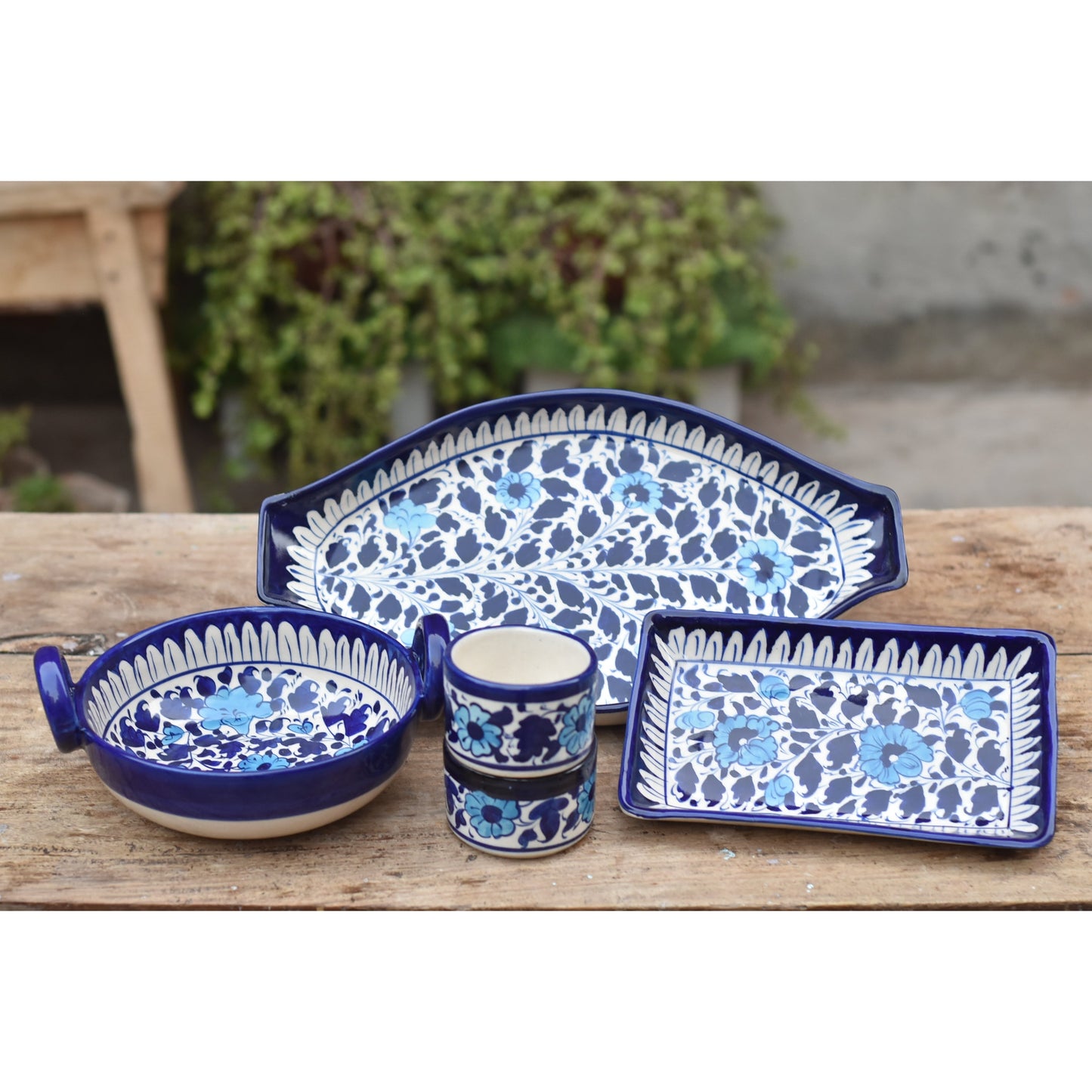 5 Piece White Floral Serving Set|Blue pottery Safalina