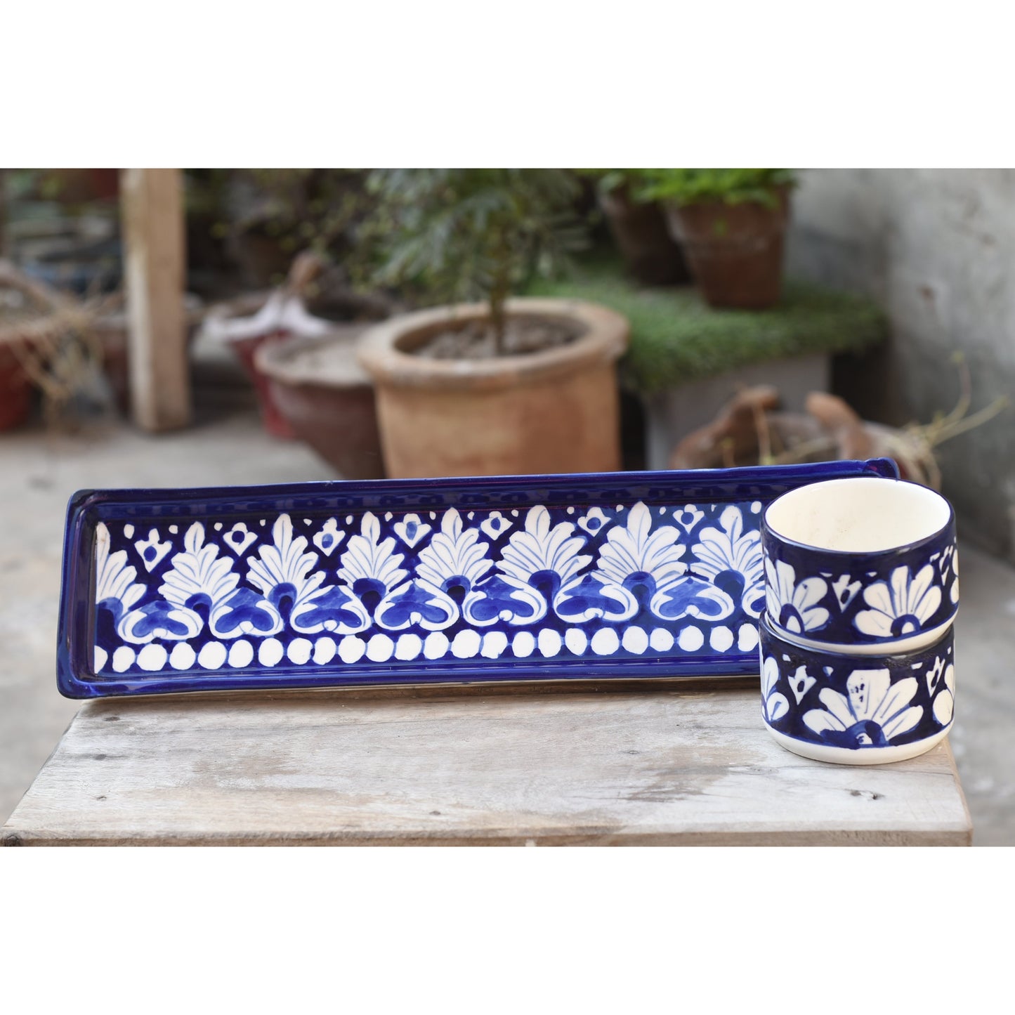 3 Piece Iconic Blue kebab Serving Set(Long)|Blue Pottery Safalina