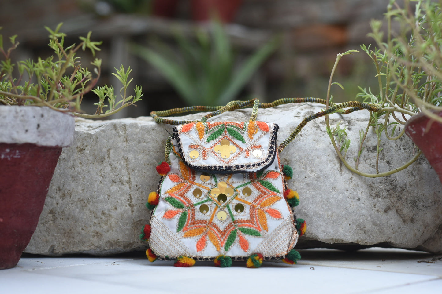 Handmade Kashmiri Glasswork and Aariwork over the shoulder purse| Small Safalina