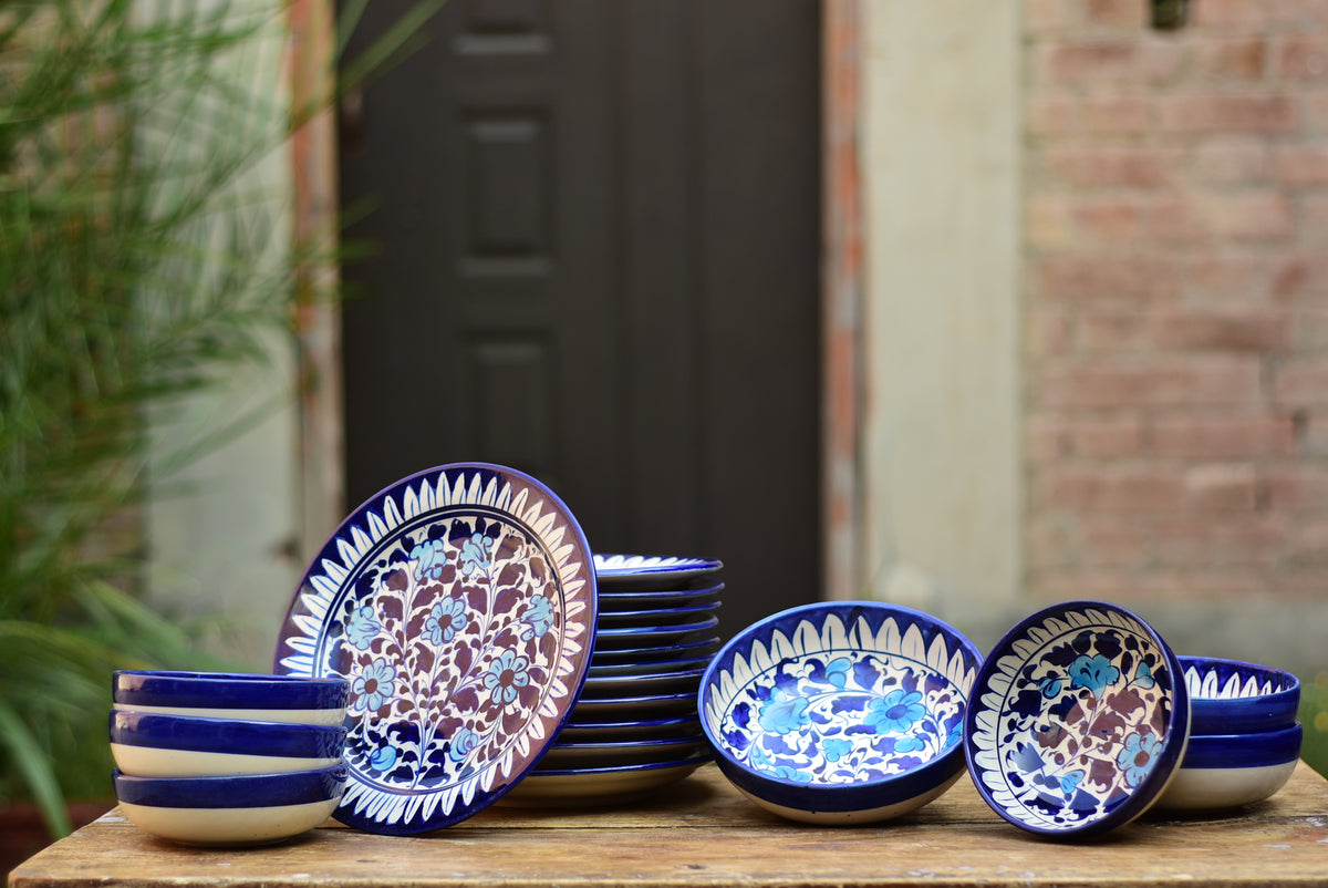 Dinner Set For 6 Person | Floral White| Multani  Blue Pottery|25 pieces