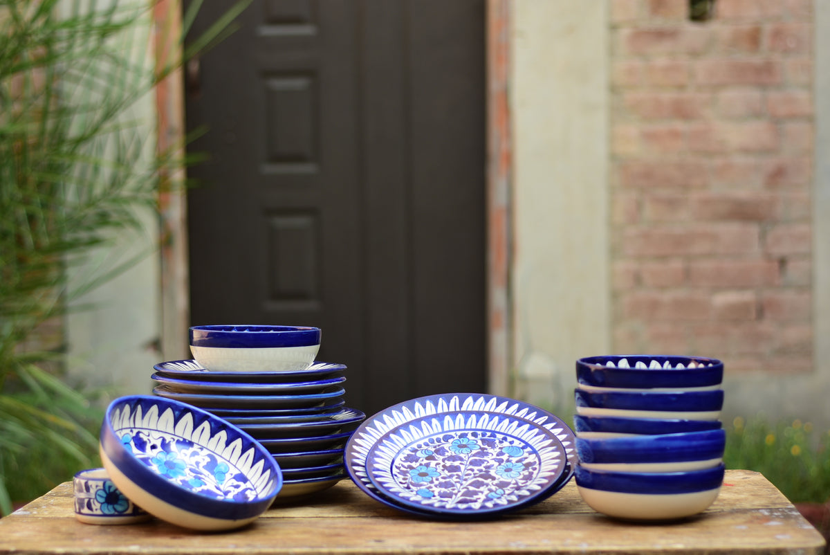 Dinner Set For 6 Person | Floral White| Multani  Blue Pottery|25 pieces