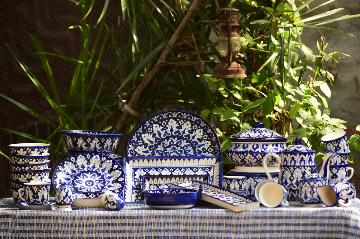 62 Piece Iconic Blue Dinner Set for 8 Persons| Multani Blue pottery