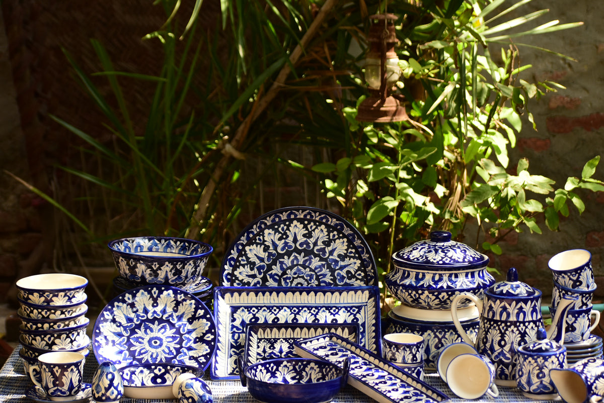 62 Piece Iconic Blue Dinner Set for 8 Persons| Multani Blue pottery