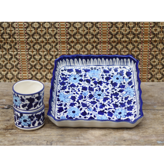 3 Piece White Floral Serving Set|Blue Pottery