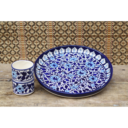 3 Piece White Floral Pizza Serving Set|Blue pottery