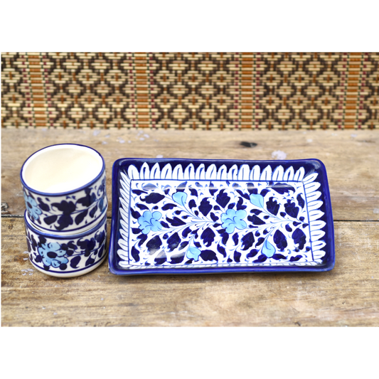 3 Piece White Floral Kebab Serving Set|Blue pottery