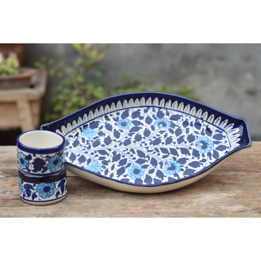 3 Piece White Floral Rice Serving Set|Blue pottery