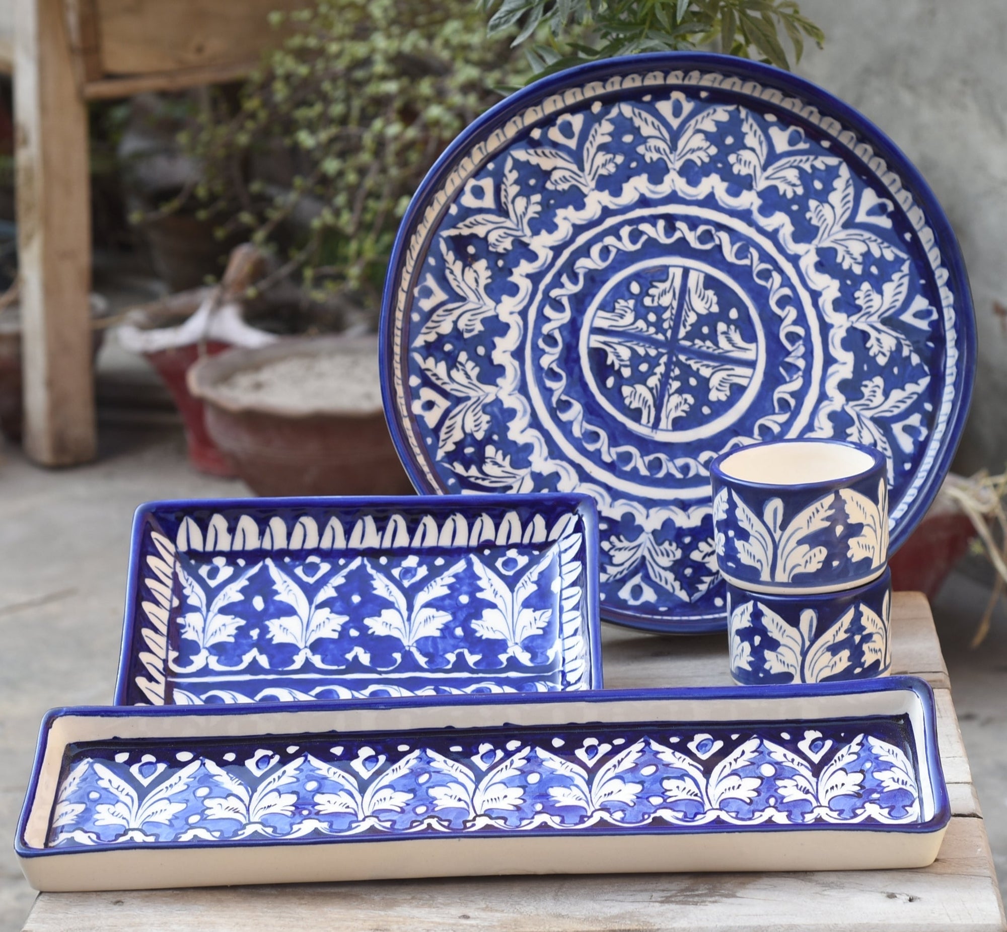 5 Piece Classic Blue BBQ Serving Set|Blue Pottery Safalina