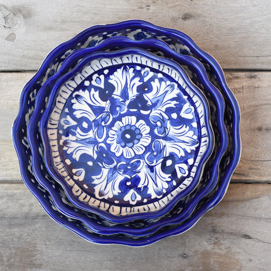 Set of Three Iconic Blue Round Serving dish|Blue pottery