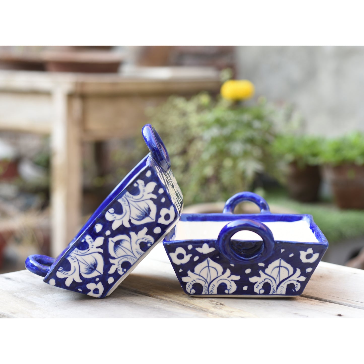 Set of 2 vintage Blue Square Karahi |Blue Pottery