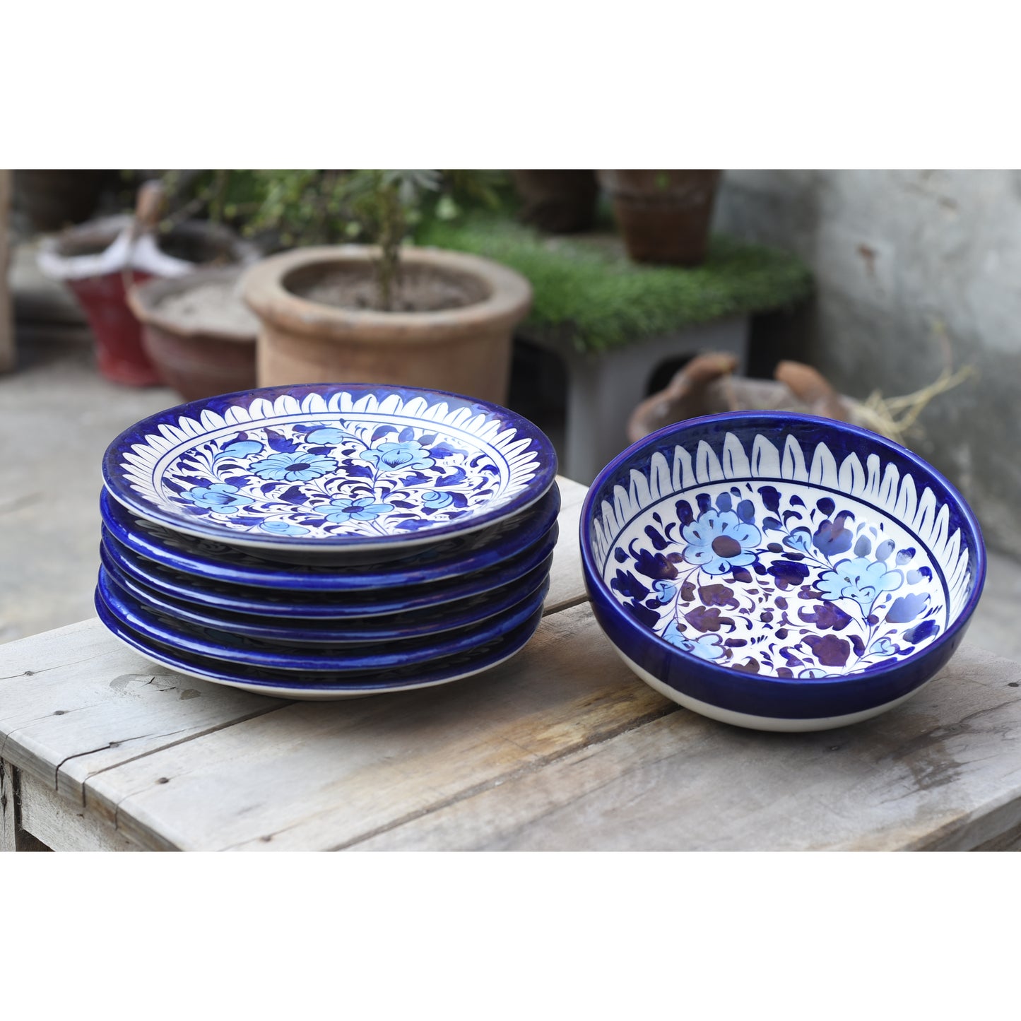 Floral White Dessert Serving Set(Bowl+plate)|Blue Pottery