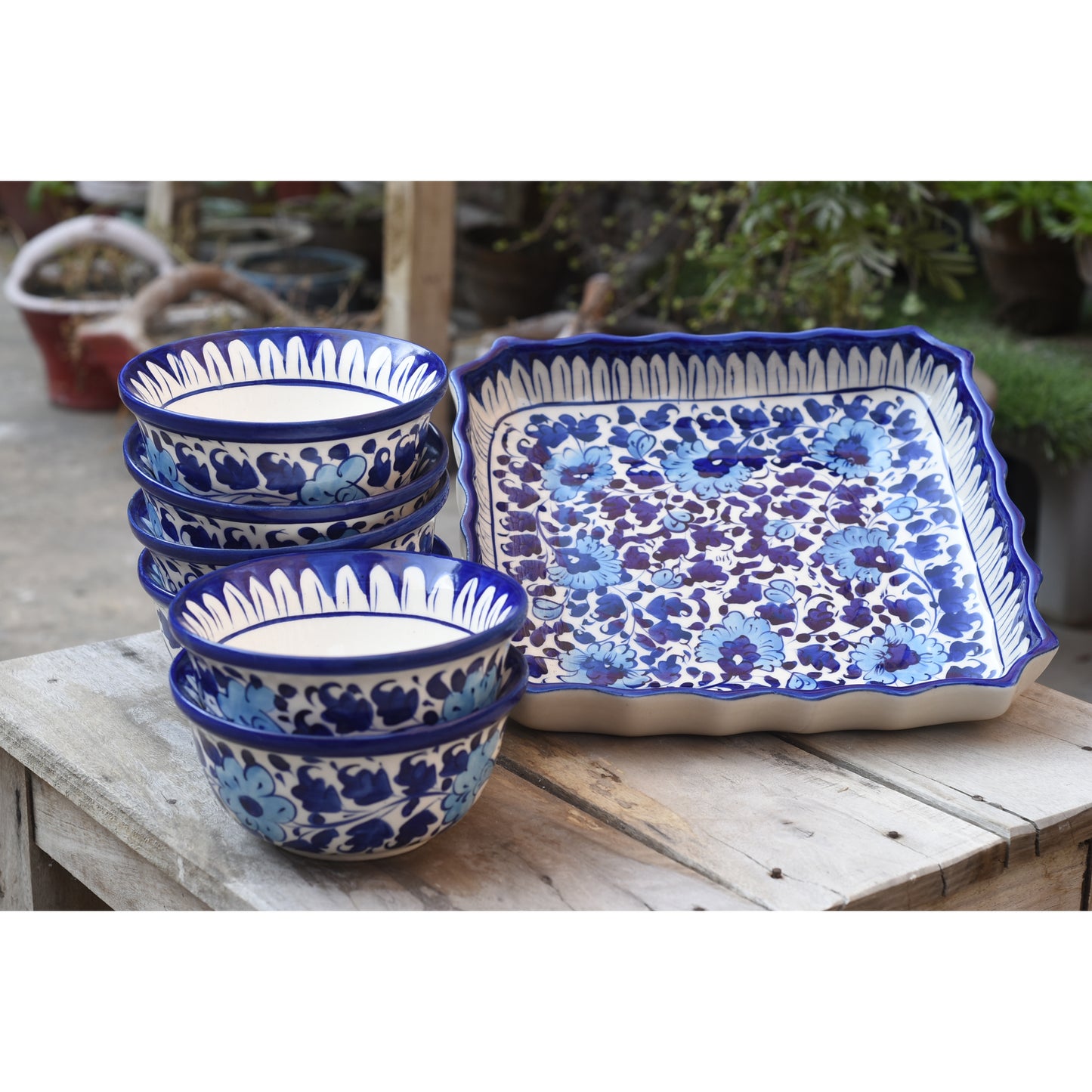 Floral White Dessert Serving Set(Square+bowl)|Blue Pottery