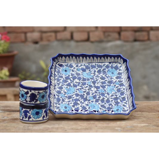 3 Piece White Floral platter Serving Set|Blue Pottery