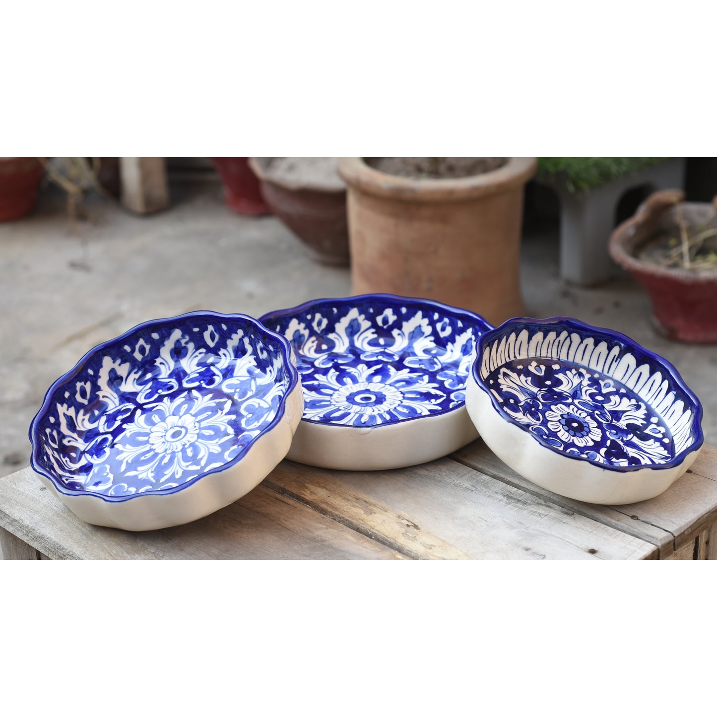 Set of Three Iconic Blue Round Serving dish|Blue pottery