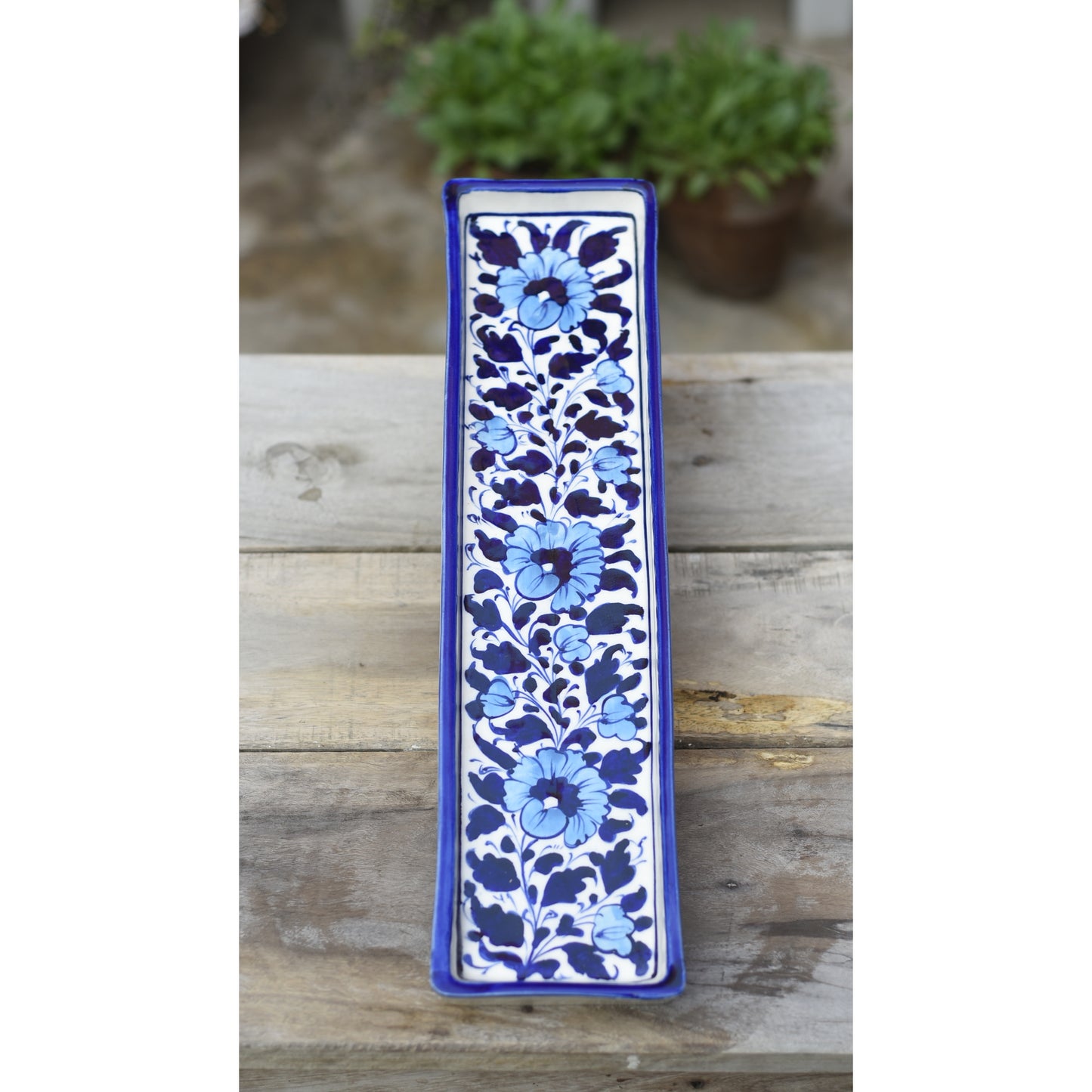 Floral White kebab Dish(Long)|Blue Pottery